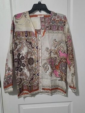 Johnny Was Pink, Cream & Orange Silk-Blend Printed Button-Up Blouse